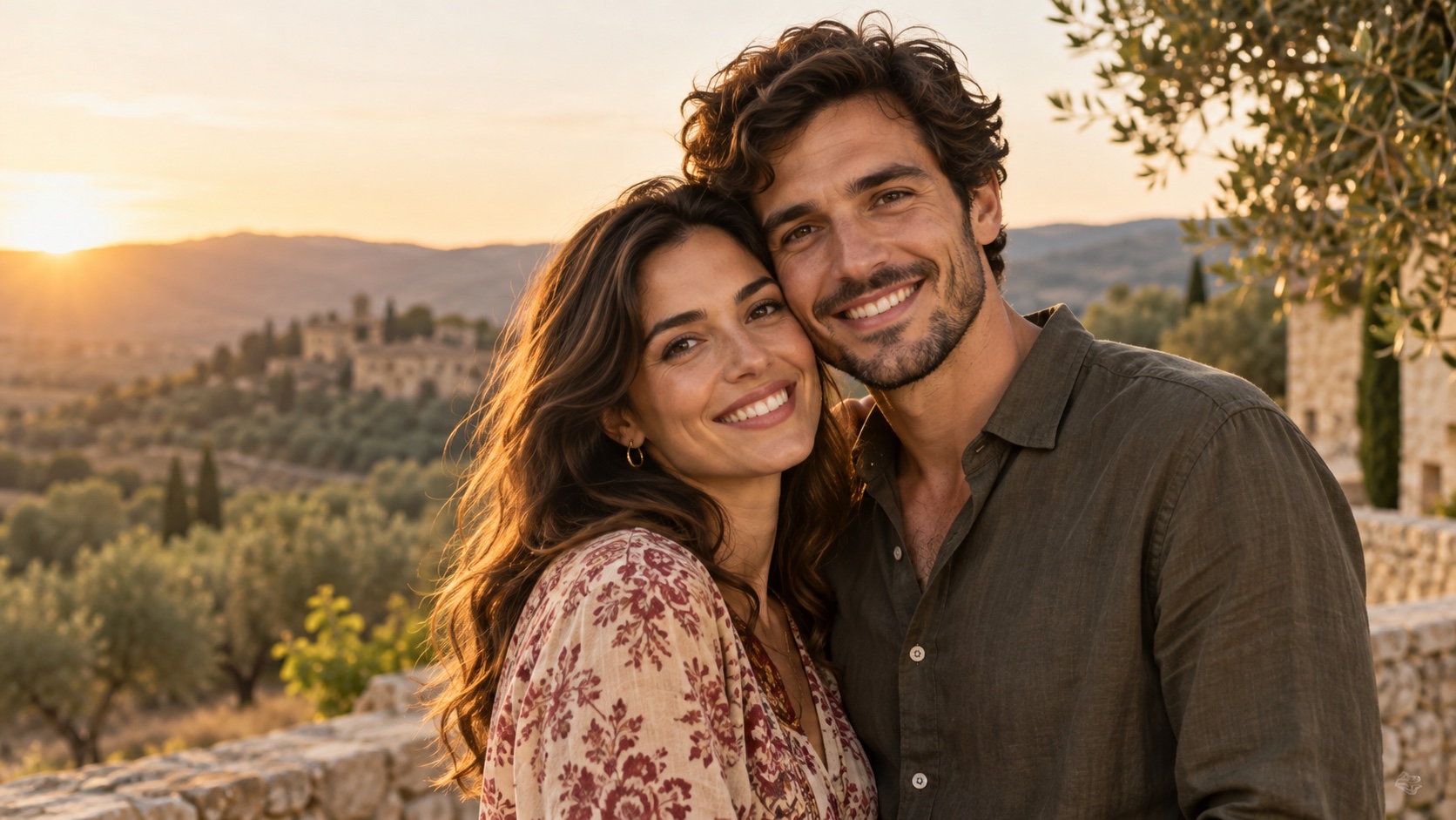 Lucía y Marcos abrazados, felices y mirando a cámara